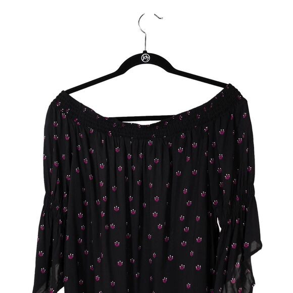 Express Women's Blouse Black Pink Floral Off Shoulder Ribbed 3/4 Sleeve Top M - Picture 8 of 9